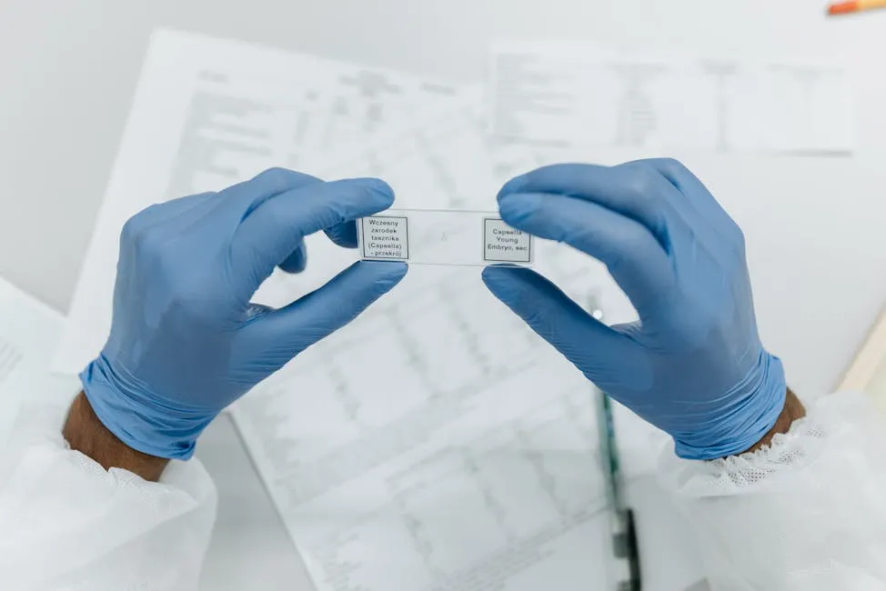 Pesquisadora analisando dados de amostra científica em laboratório