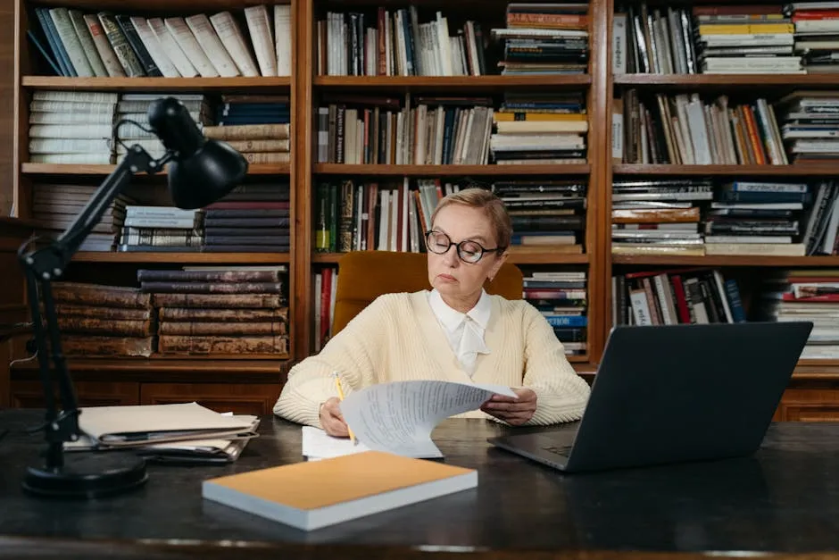 Pesquisadora revisando documentos acadêmicos em mesa de trabalho com anotações