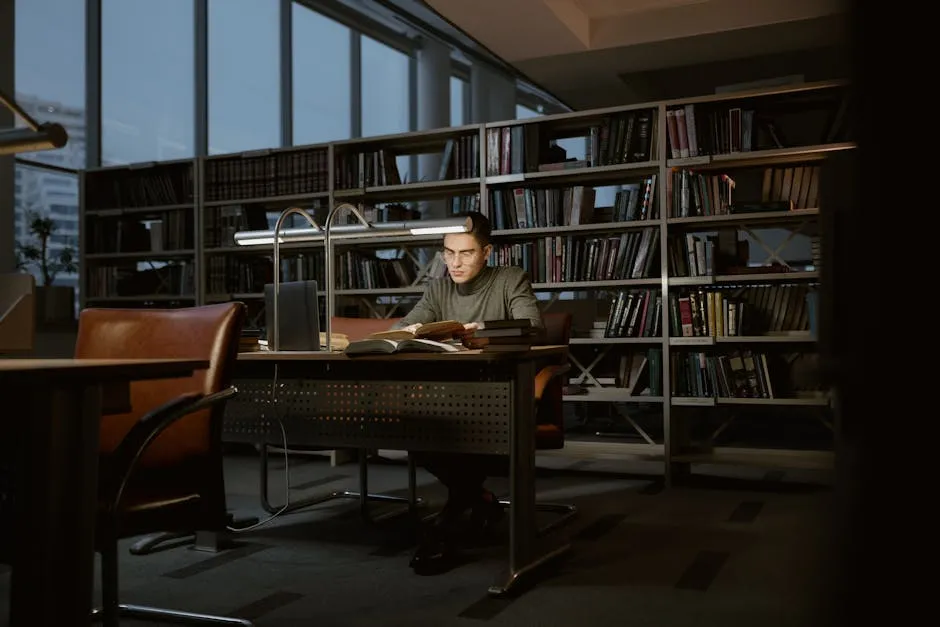 Estudante de pós-graduação em biblioteca com livros e anotações, representando pesquisa com bolsa acadêmica.