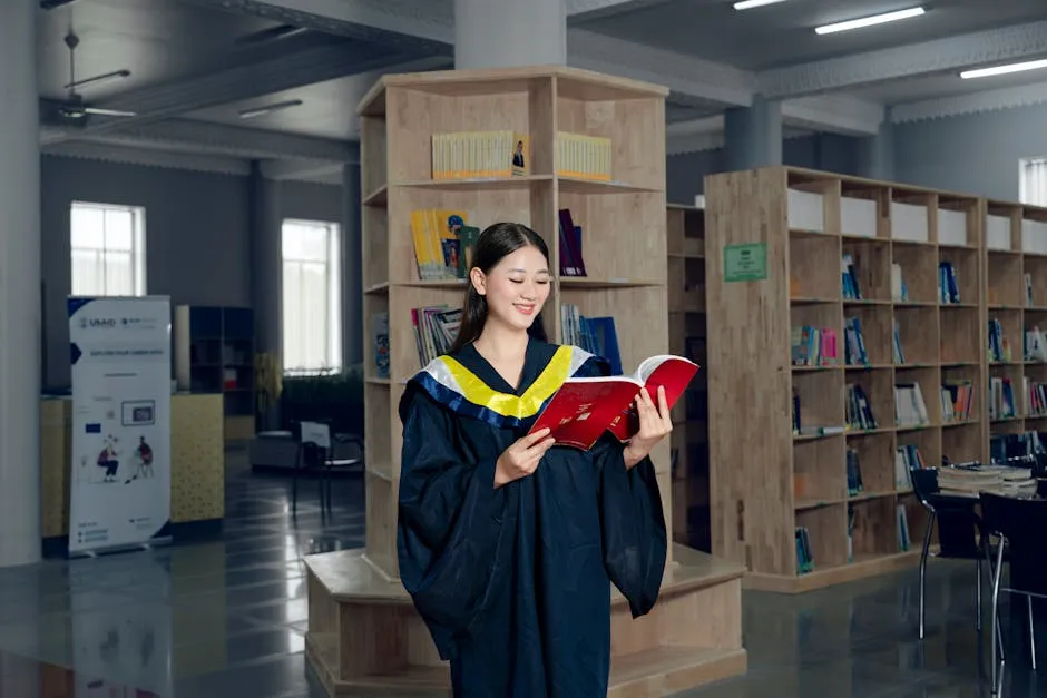 Pesquisadora estudando em biblioteca com livros e computador ao fundo.