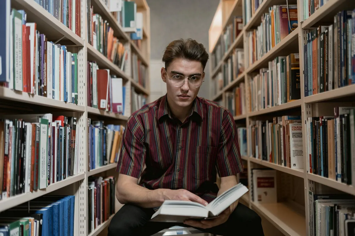 Estudante lendo livro acadêmico com anotações e referências bibliográficas