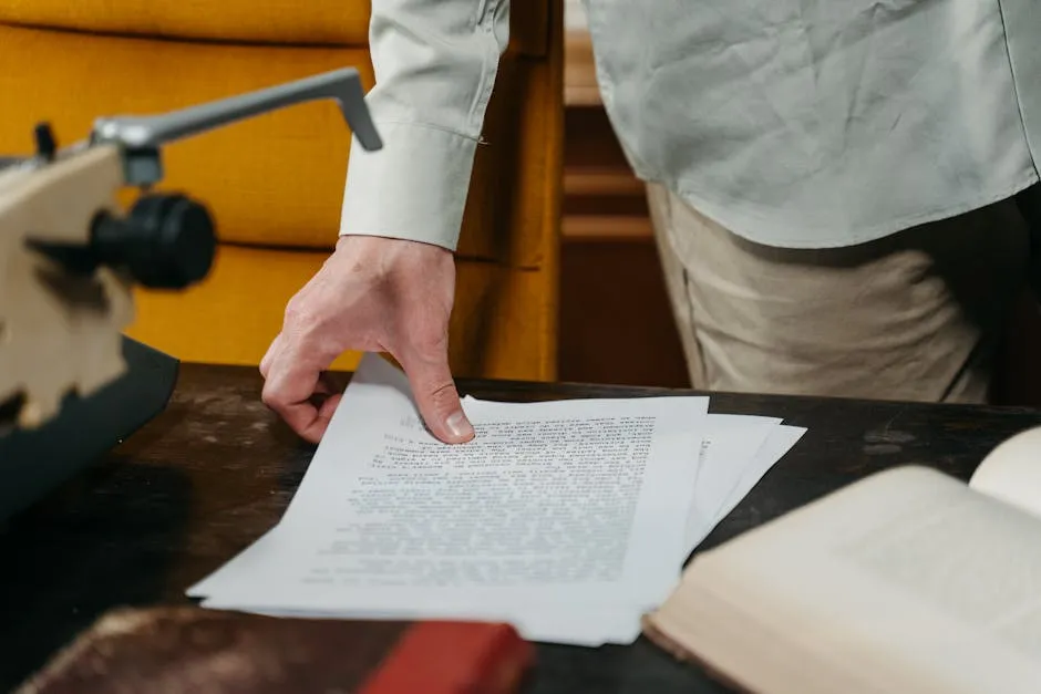 Pesquisadora organizando seções de artigo científico em mesa com notas e laptop