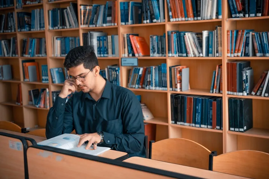 Pessoa lendo artigos acadêmicos em biblioteca cercada de livros e anotações