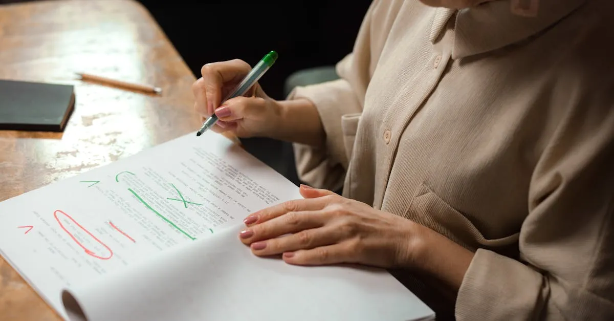 Manuscrito com caneta de correção sobre mesa branca