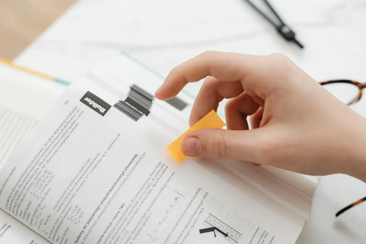 Pessoa revisando texto acadêmico com marcações de correção