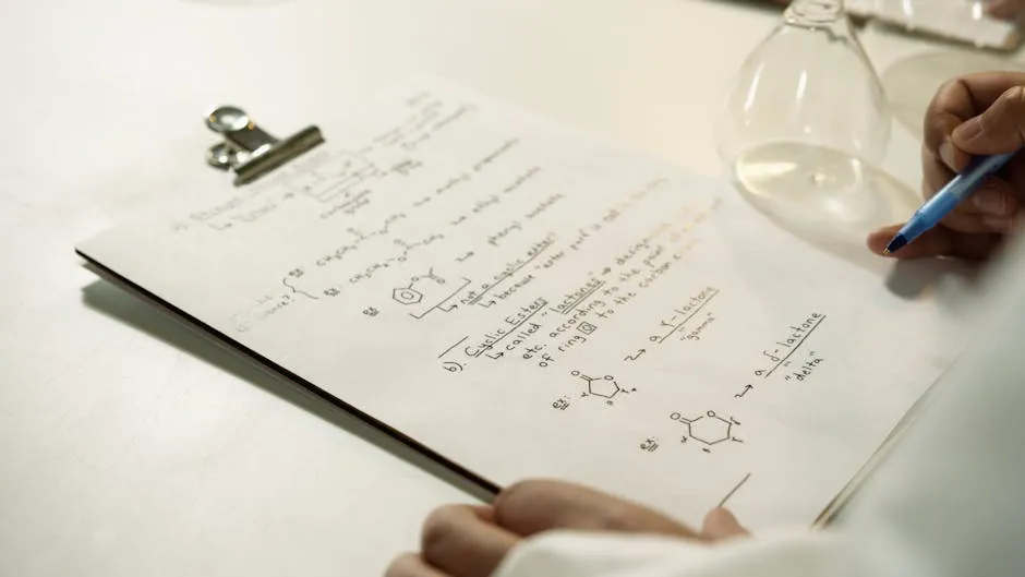 Mesa com documentos científicos organizados, caneta e computador aberto com texto acadêmico