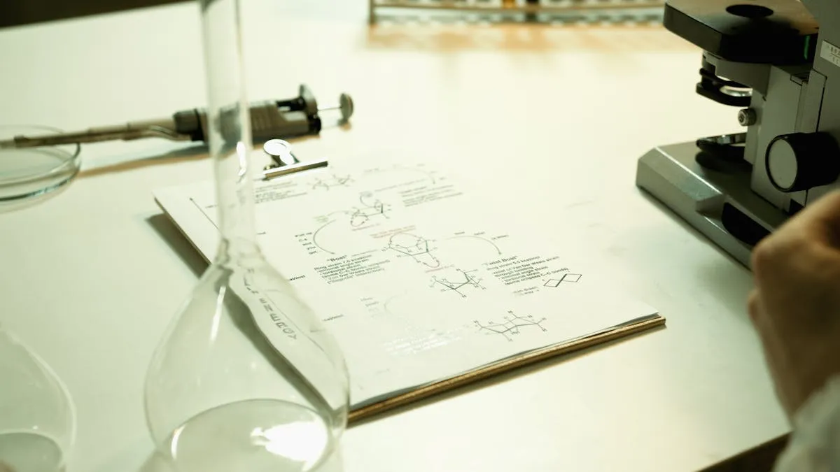 Pesquisadora escrevendo hipóteses em caderno de pesquisa com livros de metodologia ao fundo