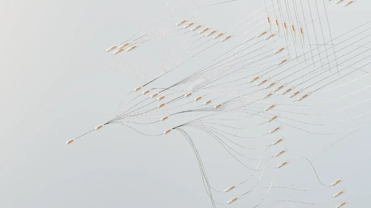 Rede de conexões visuais representando mapeamento de literatura científica com inteligência artificial