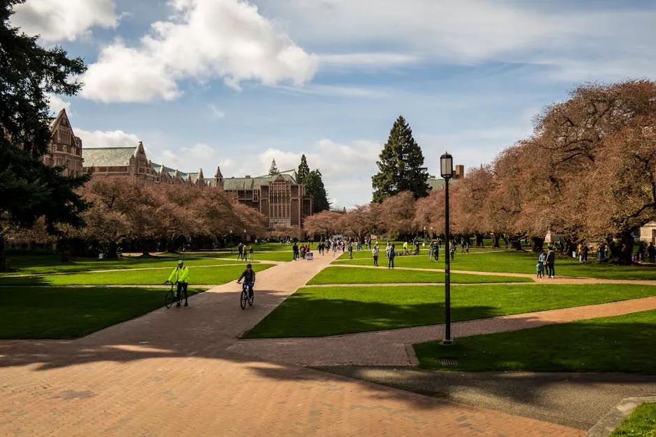 Campus universitário com estudantes caminhando entre prédios em dia de sol