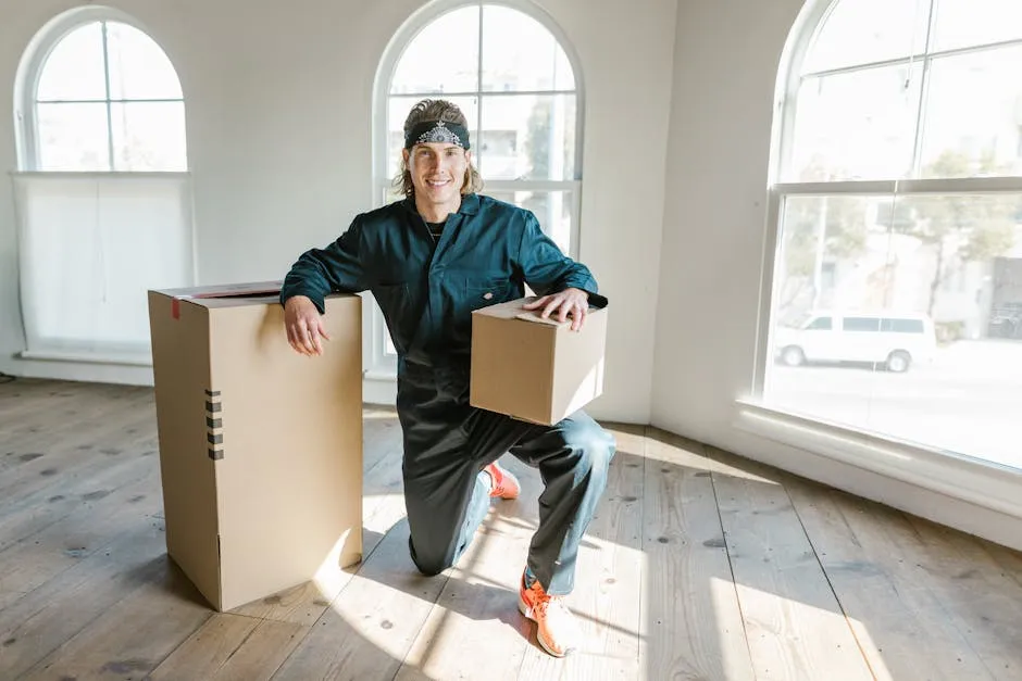 Caixas de mudança empilhadas em frente a apartamento, representando transição de cidade para o mestrado