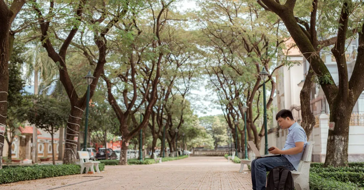Pessoa sentada sozinha em banco de universidade olhando para o horizonte