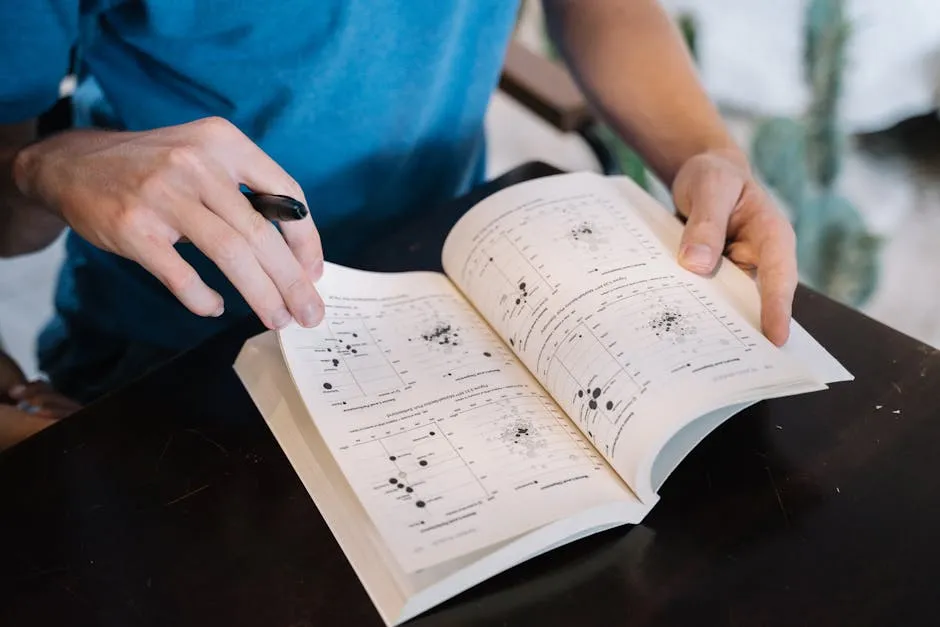 Pesquisadora de psicologia revisando anotações em caderno sobre mesa com livros acadêmicos