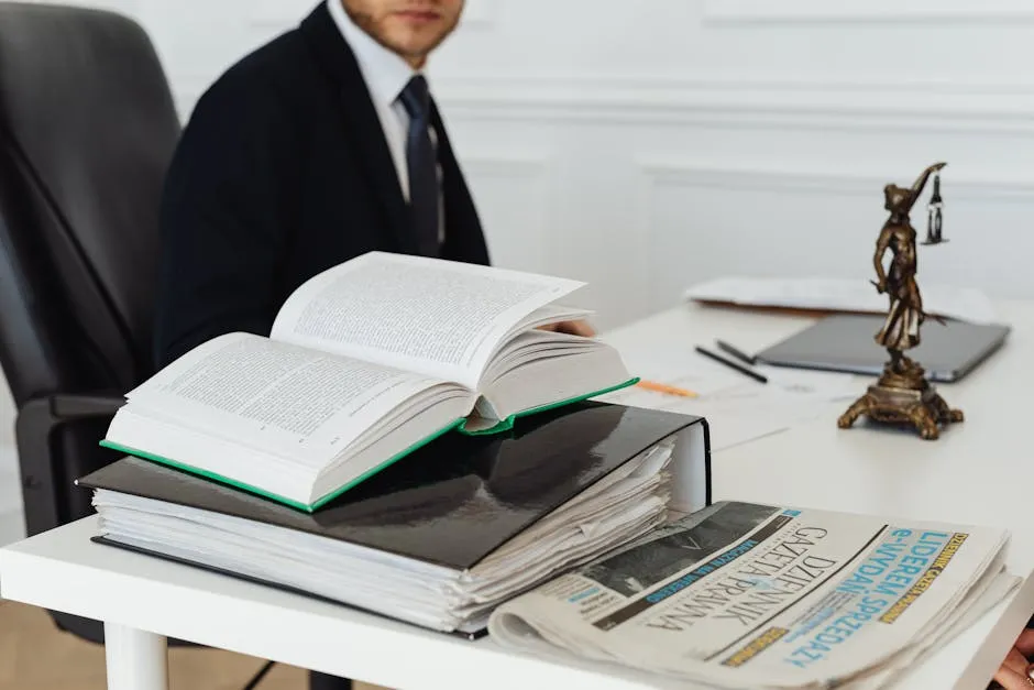 Livros jurídicos abertos sobre mesa com caderno de anotações e caneta