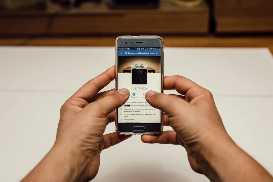 Pessoa olhando smartphone hesitante, com expressão pensativa e fundo desfocado