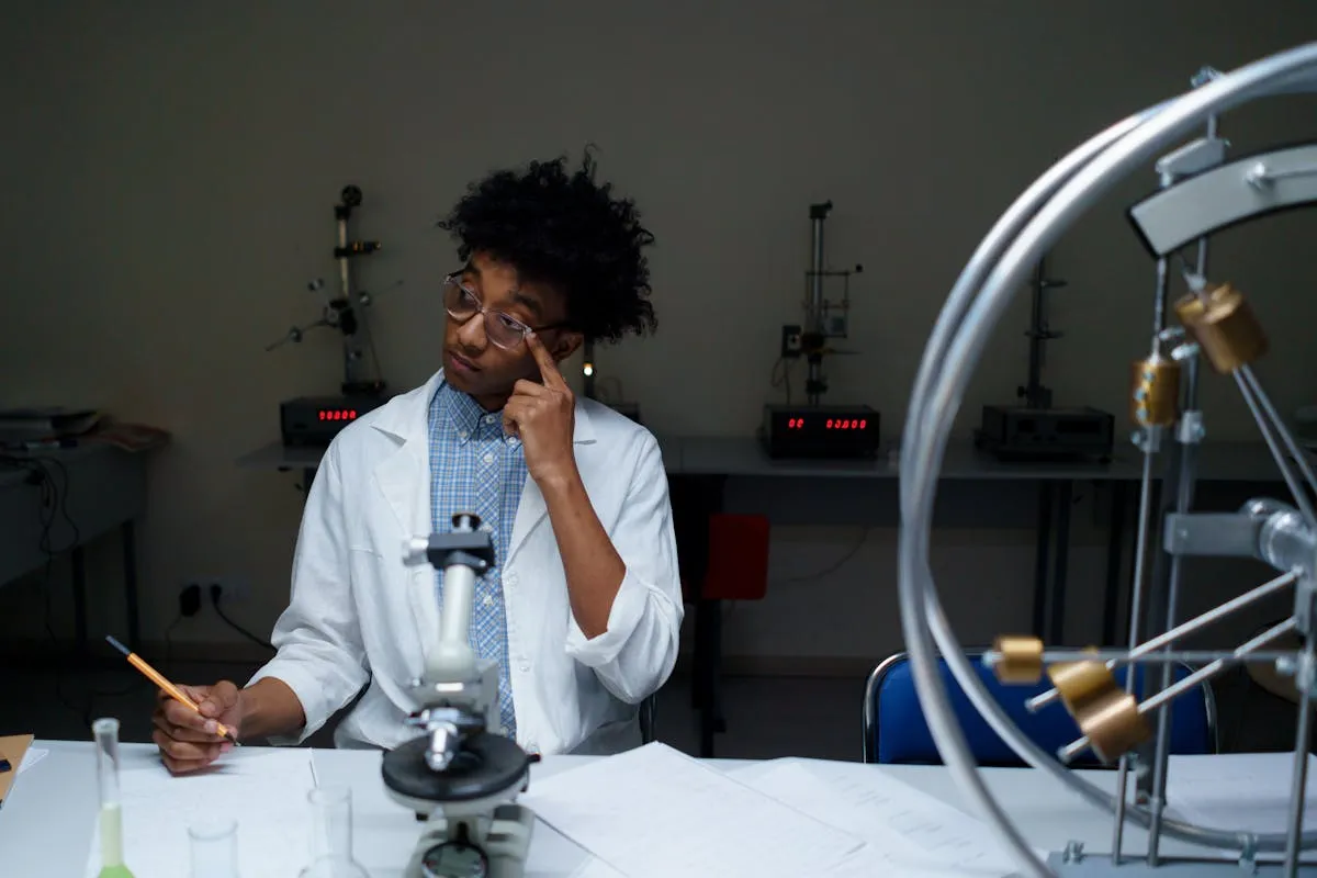 Estudante universitária em laboratório de pesquisa com equipamentos científicos ao fundo