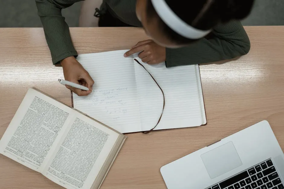 Pessoa escrevendo em caderno com laptop aberto em mesa de estudos