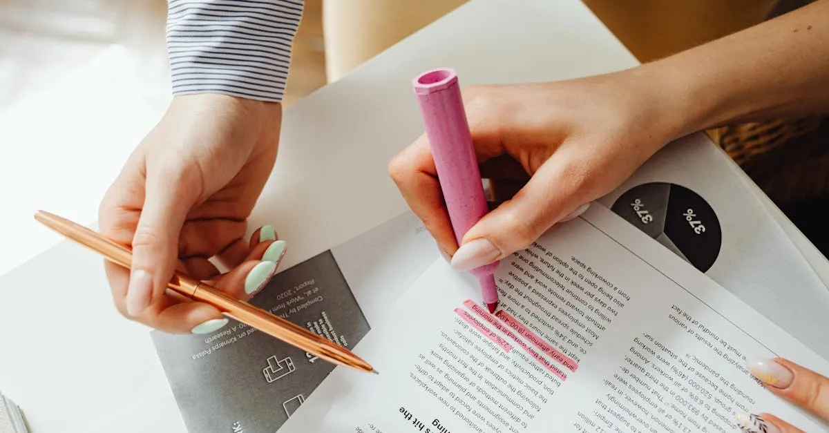 Pesquisador organizando artigos científicos com marcadores coloridos sobre mesa