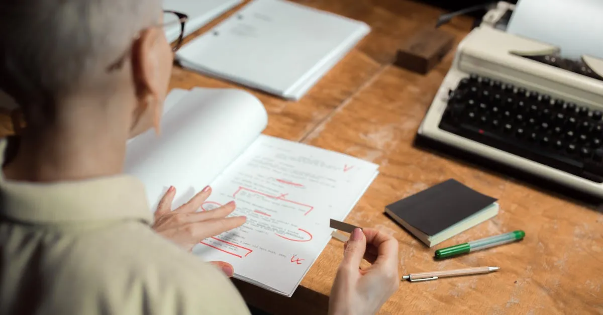 Pessoa revisando documento acadêmico com lápis vermelho e anotações, representando o processo de revisão técnica em etapas