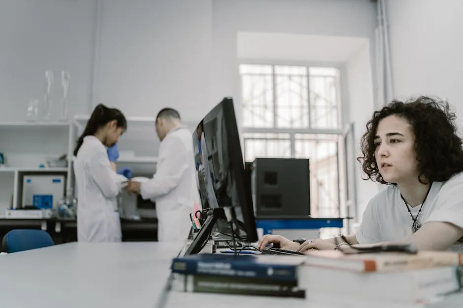 Pesquisadora analisando artigos científicos em mesa com computador e anotações
