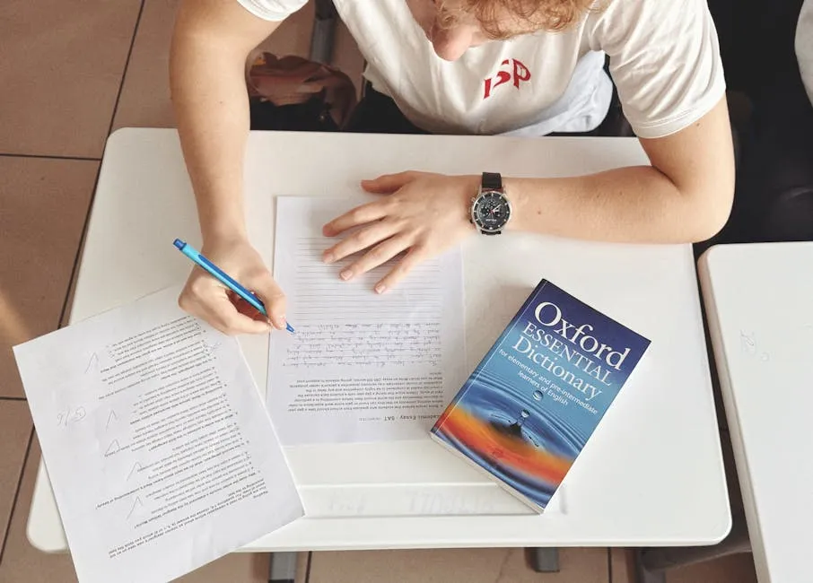 Estudante lendo texto em inglês em mesa de estudos com caderno de anotações